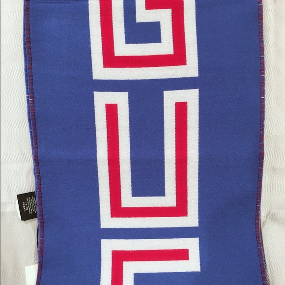 Gucci Green/Burgundy Wool/Silk Long Scarf with Blue Logo  GUCCI Royal Blue Wool Silk Scarf wz Logo Stripe